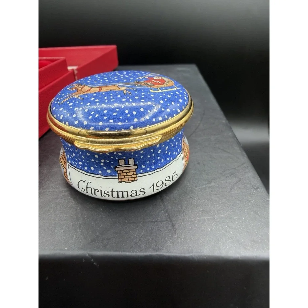 🎄Halcyon Days Enamels 1986 Christmas Trinket Box – Santa & Sleigh Lid – Vintage
